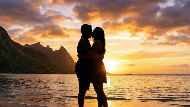 A romantic silhouette of a man on one knee during a beach sunset for propose day with a tropical mountain backdrop and golden ocean waves