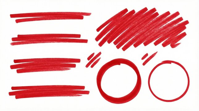 Red highlighter marks and hand-drawn circles isolated on white background,perfect for graphic elements,annotations,UI highlights and marketing visuals