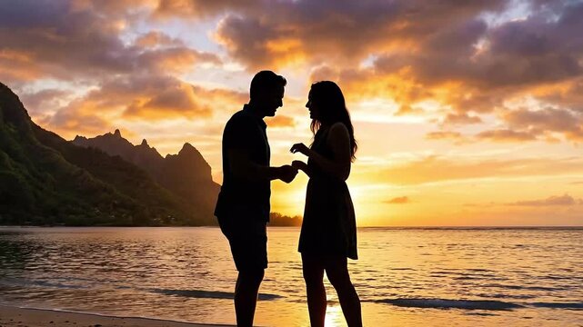 A romantic silhouette of a man proposing to his girlfriend during a golden sunset on a tropical beach with mountains in the background on propose day