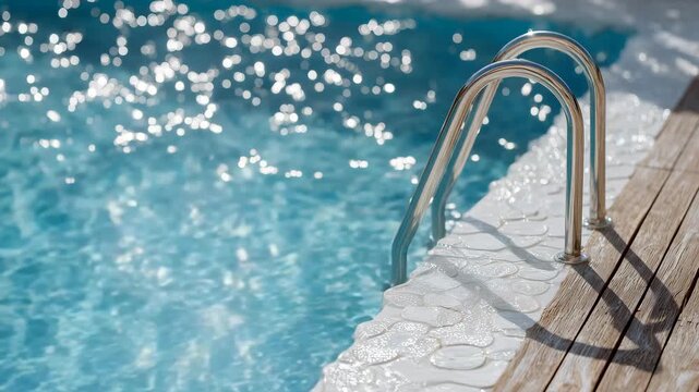 29Luxury pool detail shot, stainless steel ladder emerging from vibrant turquoise water, soft reflections dancing on the surface, sunlit wood deck with subtle shadows, minimalistic r