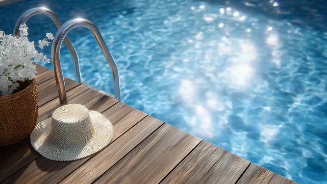 30Calm poolside atmosphere, stainless steel ladder gleaming against vibrant aqua water, sunlit wood deck with visible grain patterns, relaxing vacation and wellness concept