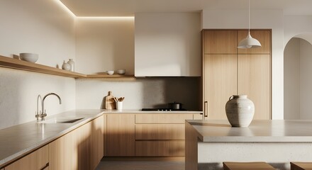 Fototapeta premium Modern Minimalist Kitchen Interior Design with Wooden Accents and Clean Lines.