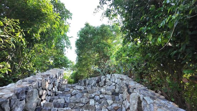 Thailand. Pattaya. October 28, 2024 rugged stone staircase ascending through lush tropical vegetation sturdy retaining walls natural forest pathway daytime view