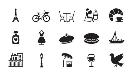 France culture icon set with Eiffel Tower, bicycle, cafe table, and French cuisine symbols representing Paris lifestyle, romance, and traditional European heritage elements © NaeemurRahman