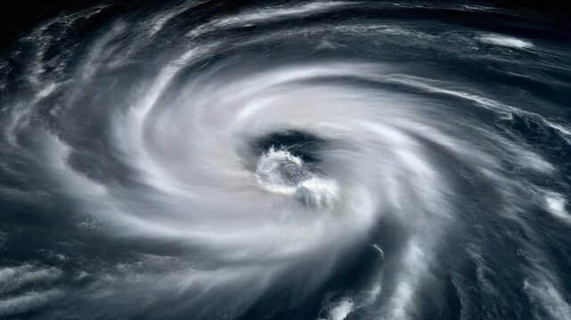 Satellite view of cyclone with defined eye and spiral clouds symbolizing storm intensity and meteorological study