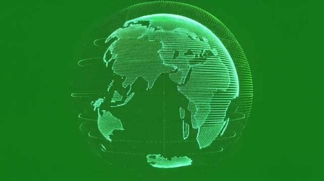 Digital holographic globe with wireframe continents symbolizing global connectivity, technology, and data visualization
