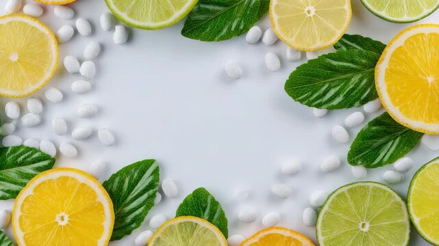 60Bright wellness flat lay, scattered vitamin C tablets surrounded by citrus fruits in various cuts, pure white background, soft daylight look, health and immunity support theme