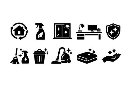 Cleaning, hygiene solid icon set. Housekeeping, maintenance icons for home hygiene