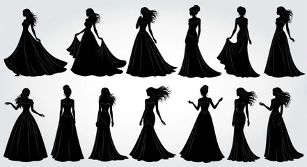 Collection of elegant female silhouettes in flowing gowns.