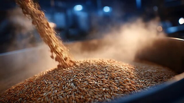 62Close-up of wheat grains pouring downward, forming a flowing arc as they fill a polished metal bin, fine dust particles suspended in the air, cinematic industrial lighting, agricul