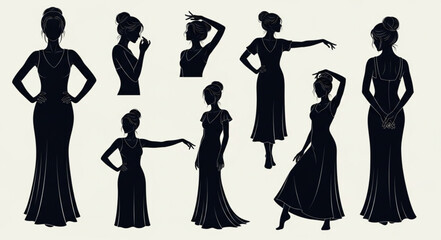 Collection of Elegant Female Silhouettes in Various Poses.