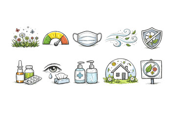 Allergy and health protection icon set in filled style for wellness collection