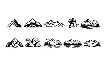 Mountains and hiking icon set. Scenic flat collection with adventure themes