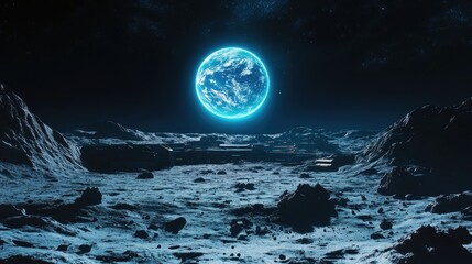 Stunning Sci-Fi Landscape View of a Moon Surface with a Vibrant Blue Planet in the Background Under Starry Sky
