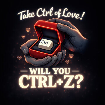 Romantic tech themed proposal poster with hand holding red ring box and keyboard ctrl key featuring take ctrl of love and will you ctrl+z message with glowing hearts for valentines day humor