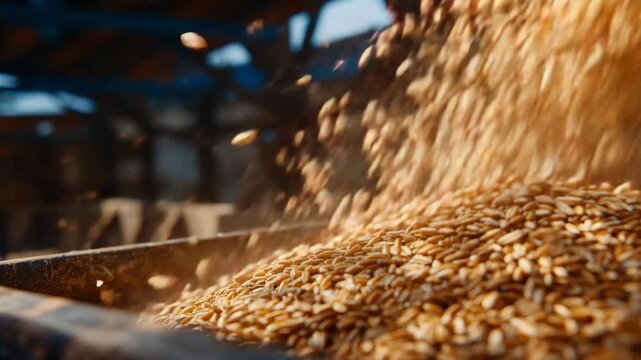 70Dynamic close-up of grain handling, kernels bounce and scatter as they land inside a large metal container, subtle grain dust in the air, realistic motion blur, agricultural proces