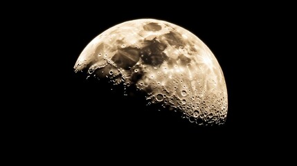 Moon with Craters Illuminated by Light against a Black Background in a Night Sky