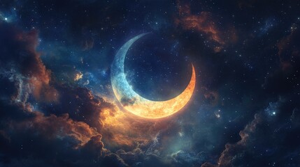 Enchanting Cosmic Scene Featuring a Glowing Crescent Moon Surrounded by Colorful Nebulae and Stars in the Night Sky