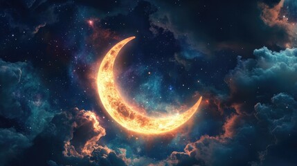 Glowing Crescent Moon Illuminates Night Sky Surrounded by Wispy Clouds and Twinkling Stars