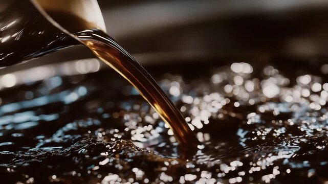 79Ultra-detailed macro shot, dark liquid entering a shiny metal cup from a tilted metal pitcher, liquid surface tension visible, high contrast lighting, premium aesthetic