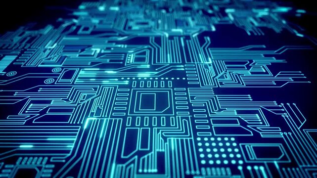 Close-up of glowing blue circuit board with intricate electronic pathways and microchips.