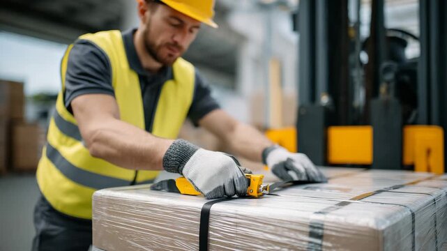 220Professional stock composition, warehouse worker focused on tightening ratchet strap, pallets aligned beside a large truck, clean concrete floor and industrial equipment softly blu