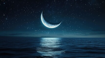 Serene Night Sky with Crescent Moon Reflecting on Calm Ocean Waves Under Twinkling Stars
