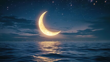 Glowing Crescent Moon Over Calm Ocean Under Starry Night Sky Captivating Landscape Scene