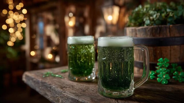 225Macro-detail of green beer mugs, rich foam textures highlighted by warm golden pub light, rustic wooden barrel, subtle reflections, soft-focus shamrocks and Irish decorations