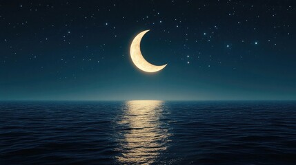 Serene Crescent Moon Over Tranquil Ocean Waters Under a Starry Night Sky
