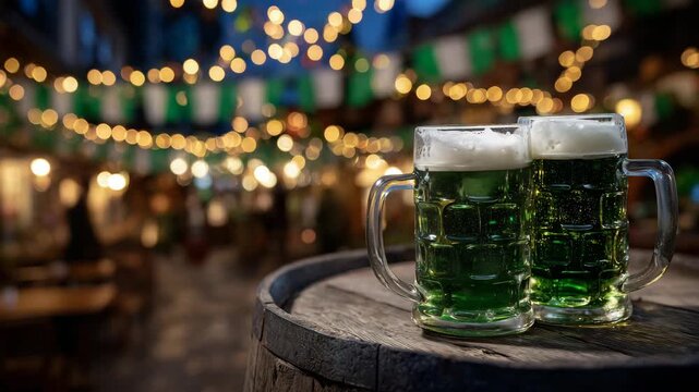 232Atmospheric close-up, green beer mugs on aged wooden barrel, warm soft lighting, subtle steam and foam texture, Irish flags and decorations blurred behind