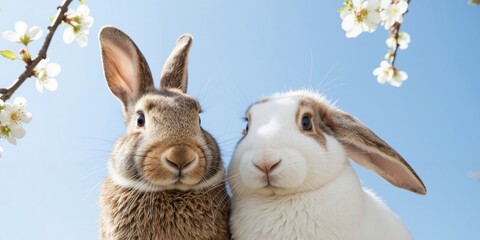Fototapeta premium two rabbits are sitting on a wooden bench