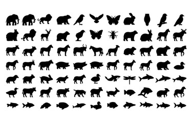 Fototapeta premium Collection of Animal Silhouettes Including Mammals Birds Insects Sea Wildlife and Farm Animals Solid Black Vector Shapes
