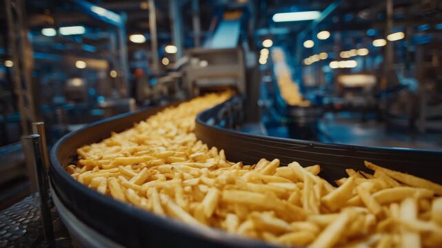 251Wide-angle view, conveyor belt filled with French fries, factory production line stretching into background, metallic structures and machinery adding depth, warm fry tones contrast