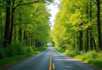 Obraz premium Open road surrounded by spring greenery