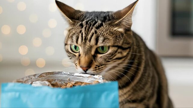 Curious cat exploring snack bag with intense focus in warm indoor setting