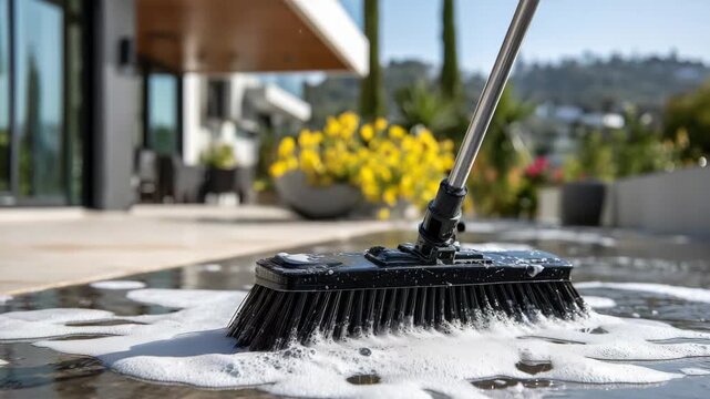 259Stock home maintenance close-up, broom pushing soapy water along textured concrete, foam patterns visible, modern house with clean lines and windows in background, natural daylight
