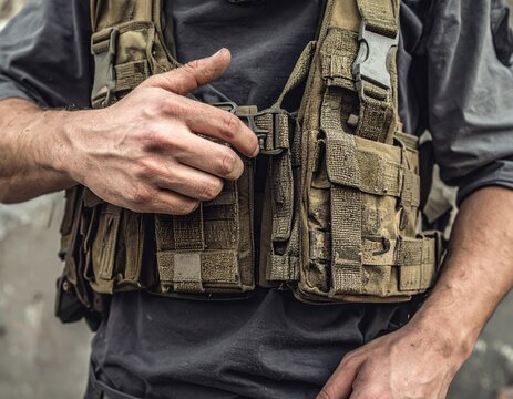 Close up of a soldier adjusting tactical vest with camouflage pattern in a rugged outdoor environment