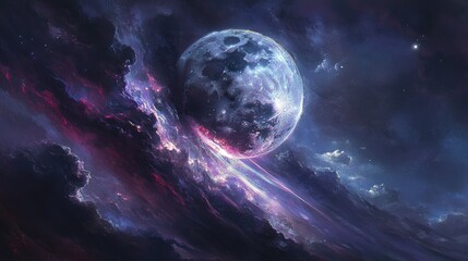 Stunning celestial landscape featuring a vivid moon surrounded by colorful cosmic clouds and starry night sky