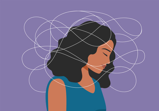 Depressed young woman illustration - Female person with hands covering face feeling exhausted and having a breakdown with brain fog, migraine and mental health issues and problems. Vector illustration