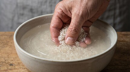 Close-Up Hand Washing Rice in a Bowl with Water Ripples, Realistic Texture, Copy Space