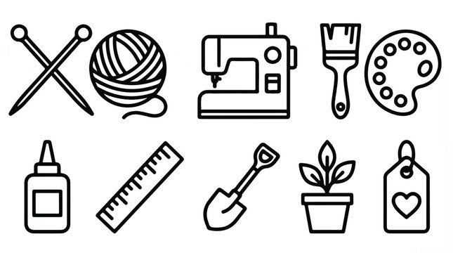 line icons of various crafting and art tools and supplies for hobbies and leisure activities