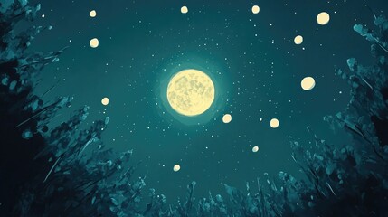 Serene Night Sky with Full Moon and Glowing Orbs Above Dark Forest Landscape