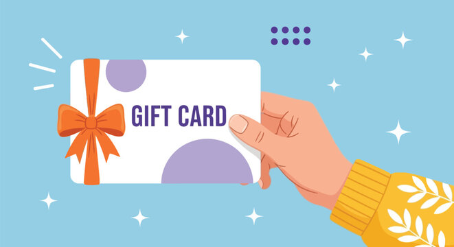 A hand holds a gift card with "Gift Card" text, a purple dot pattern, and an orange bow. The background is blue with white stars, conveying a festive tone.