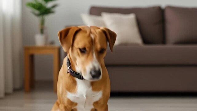 Curious dog with torn paper in modern living room