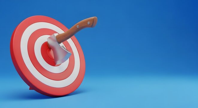 3D illustration of an axe hitting a target on blue background with copyspace