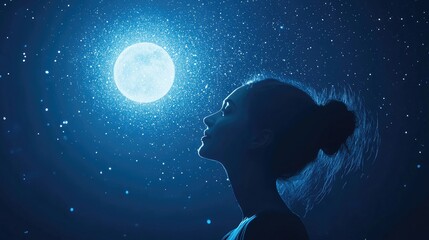 Dreamy Nighttime Scene with a Silhouette of a Woman Gazing at a Bright Moon Surrounded by Stars