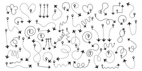 Airplane flight path with dotted line route showing travel journey from start to destination, perfect for aviation and tourism design projects