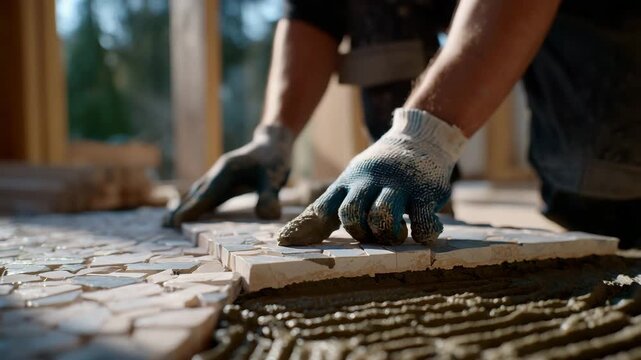 284Macro stock photo, gloved hands pressing a single stone tile into adhesive mortar, texture and color contrast emphasized, partially completed wall in soft focus, natural light