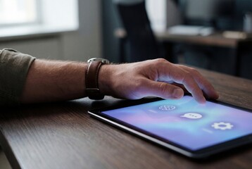 Fototapeta premium Close-up of a hand and tablet resting on a desk with a soft AI copilot interface glow. Represents modern enterprise AI tools and human-centered technology design. 